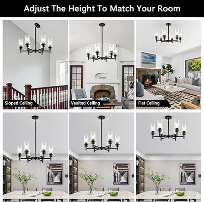 Modern Black Chandeliers for Dining Room, 6-Light Chandelier Light Fixture with Clear Glass Shades, Metal Hanging Pendant Lighting for Living Room, Kitchen, Staircase, Entryway