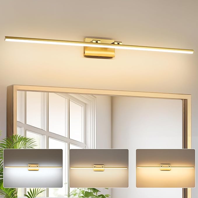 LED Bathroom Vanity Light, Modern Bathroom Light Fixture Over Mirror (3000K/4000K/6000K, Dimmable), Vanity Light Bar with Angle Adjustable, 48 Inch, Brass