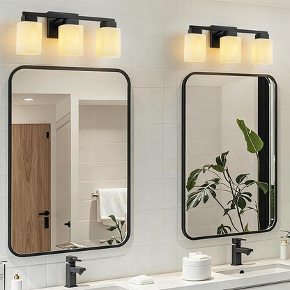 3-Light Square Bathroom Light Fixture, Matte Black Modern Vanity Light with White Marble Glass Shade, for Bathroom Mirror, Living Room, Bedroom, Hallway, E26 Base