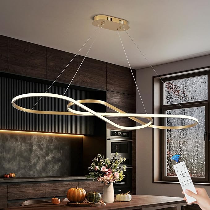 Modern LED Chandelier Gold Dimmable LED Pendant Light for Dining Room Light Fixture Over Table Modern Kitchen Island Lighting High Ceiling with Remote for Living Room(56 Inch, 3000K-6500K)