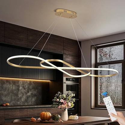 Modern LED Chandelier Gold Dimmable LED Pendant Light for Dining Room Light Fixture Over Table Modern Kitchen Island Lighting High Ceiling with Remote for Living Room(56 Inch, 3000K-6500K)