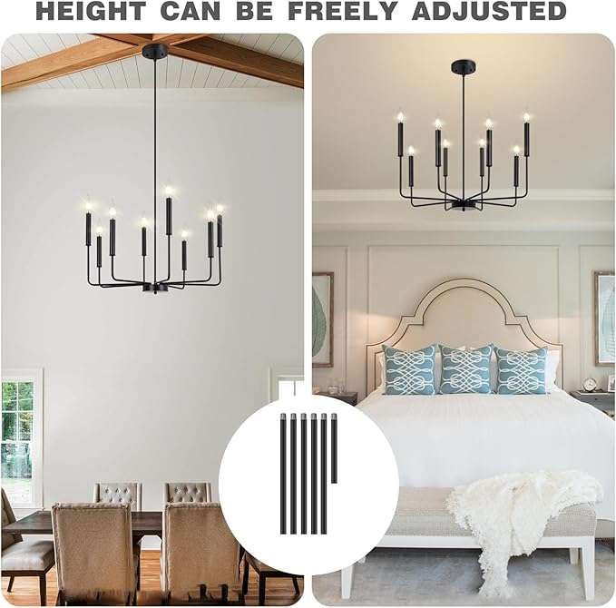 Yiisem Modern Farmhouse Black Chandelier, 8-Light Rustic Candle Chandelier, Industrial Hanging Chandeliers for Dining Room, Living Room, Kitchen, Foyer, Entryway