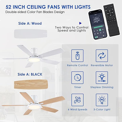 BYKISTOK Flush Mount RGB Ceiling Fan with RGB Light - 52In White Ceiling Fan Light with Reversible Mute Motor, 3CCT LED Dimmable, Low Profile Modern Ceiling Fans for Indoor, Party, Living Room