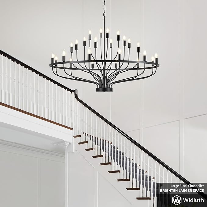 47.2" Large Black Chandelier 24 Light Rustic Industrial Candle Chandeliers Modern Farmhouse Vintage Wagon Wheel Chandelier for Dining Room, Kitchen Island, Hallway, Living Room, Foyer, E12