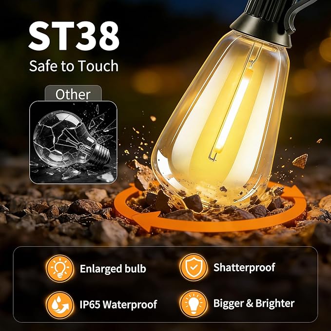 Solar Lights Outdoor Waterproof: ST38 100FT 30M Shatterproof Bulbs Patio Lights - Solar Powered & USB Charging- Remote Control 3 Light Modes Dimmable Solar Light - Camping Backyard Garden