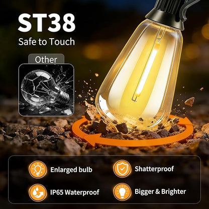 Solar Lights Outdoor Waterproof: ST38 100FT 30M Shatterproof Bulbs Patio Lights - Solar Powered & USB Charging- Remote Control 3 Light Modes Dimmable Solar Light - Camping Backyard Garden