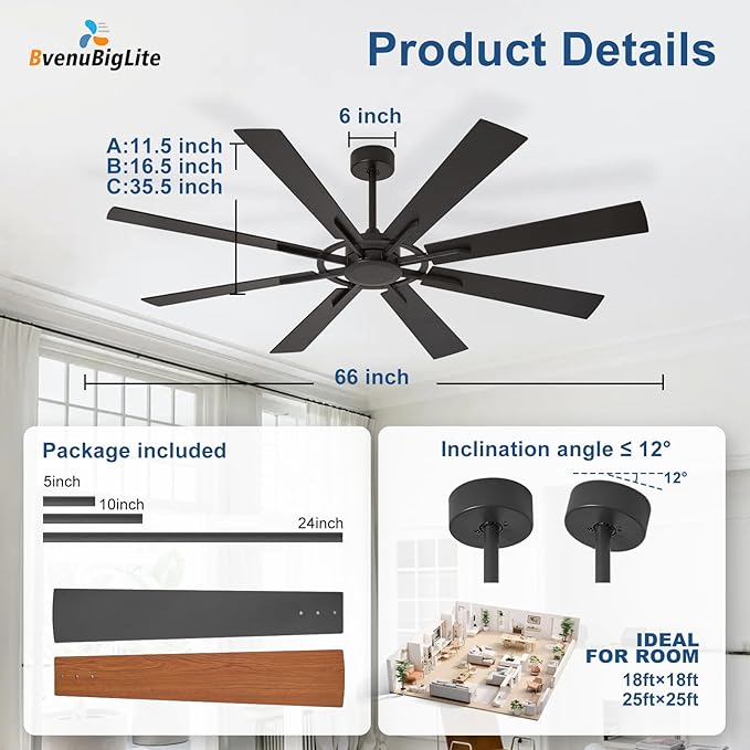 Large Ceiling Fan No Light: Modern 66 Inch 8 Blade Outdoor Ceiling Fans with Remote APP Control - Black Big Fan without Light Indoor Reversible 6 Speed Quiet DC Motor