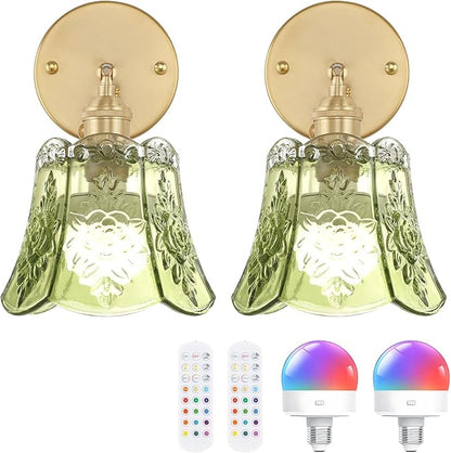 Shenmoyl Vintage Battery Operated Wall Sconces Set of Two, Wireless Battery Powered Rose Wall Sconce with Remote Control, RGB Dimmable LED Wall Light for Bedside Bathroom Living Room (Green)