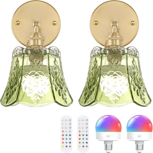 Shenmoyl Vintage Battery Operated Wall Sconces Set of Two, Wireless Battery Powered Rose Wall Sconce with Remote Control, RGB Dimmable LED Wall Light for Bedside Bathroom Living Room (Green)