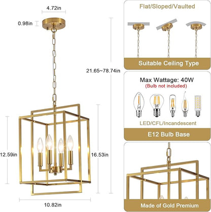 4-Light Gold Lantern Chandelier, Rustic Farmhouse Rectangle Pendant Light, Adjustable Height Modern Dining Room Light Fixture for Kitchen Island Living Room Entryway Foyer 10.8Inch