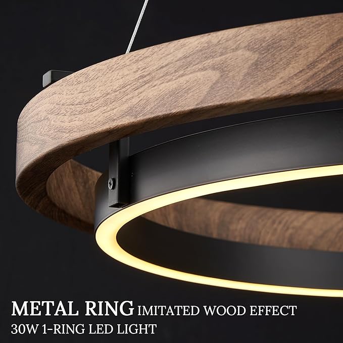 LED Ring Chandelier Modern Round LED Pendant Light 24in Walnut Wood & Black Chandelier Dimmable Ceiling Pendant Light Fixtrure for Dining Room Entry Kitchen Island Bedroom Living Room