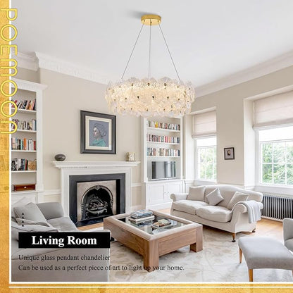 30" Luxury Glass LED Chandelier Modern Gold Dimmable 3000-6500K Large Lotus Leaf Chandeliers Light with Remote Control Contemporary for High Ceiling Living Dining Room Foyer Kitchen Entryway