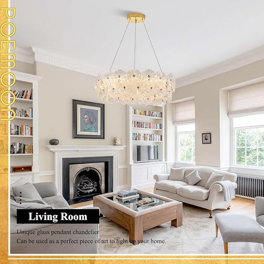 30" Luxury Glass LED Chandelier Modern Gold Dimmable 3000-6500K Large Lotus Leaf Chandeliers Light with Remote Control Contemporary for High Ceiling Living Dining Room Foyer Kitchen Entryway