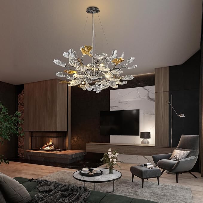 AioTio Black Modern Chandeliers for Dining Room, D31.5''Tree Branch Round Glass Ginkgo Leaf Farmhouse Chandelier,Large Ceiling Hanging Vintage Chandelier for Living Room,Entryway,Kitchen Island,Foyer