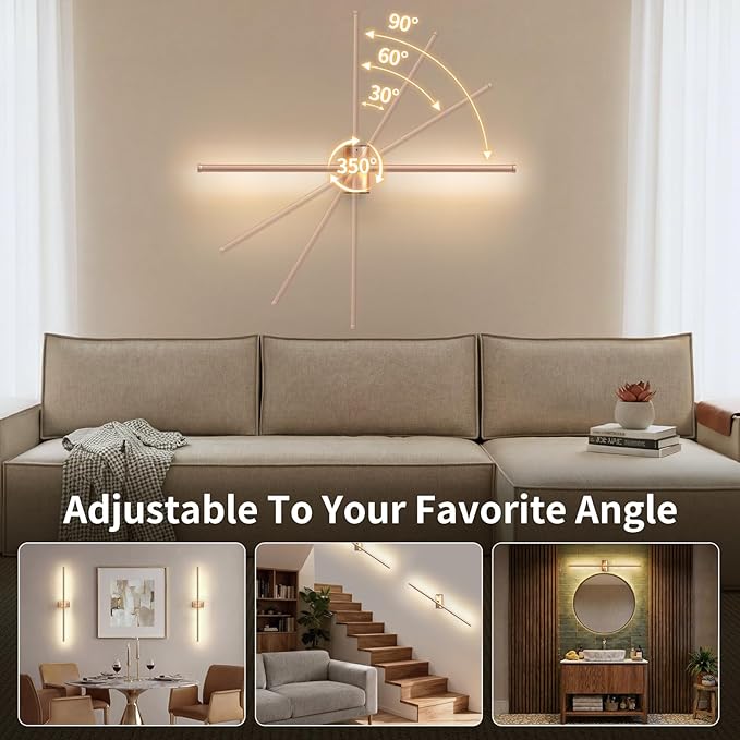 ONEWISH Battery Operated Wall Sconces Set of 2, 27.75" Rechargeable Wall Lights with Remote & Timer, 3-Color Dimmable Wireless Sconces for TV Wall Decor, Picture Light, Bedroom, Gold