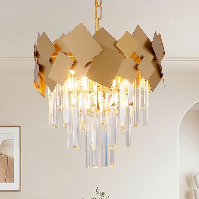 A AXILIXI Gold Crystal Chandeliers 16” Modern Ceiling Pendant Light Fixture for Dining Room Dimmable Small 3 Tiers Flush Mount Chandeliers Round for Foyer Kitchen Island Entryway Hallway