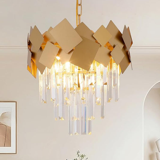 A AXILIXI Gold Crystal Chandeliers 16” Modern Ceiling Pendant Light Fixture for Dining Room Dimmable Small 3 Tiers Flush Mount Chandeliers Round for Foyer Kitchen Island Entryway Hallway