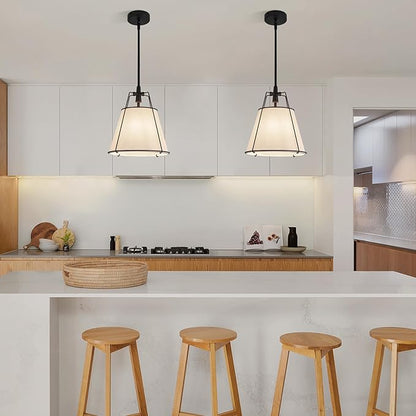 Modern Pendant Light Fixtures with 13" Off-White Linen Fabric Shade, Adjustable Hanging Light Fixture,Drum Black Vintage Chandelier for Kitchen Island Bedroom Dining Room Foyer Entryway