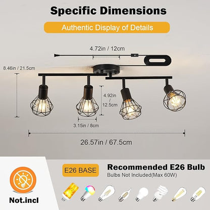 4 Light Plug in Track Light Adjustable Kitchen Track Lighting Fixture Ceiling 19.6tf Long Cord with On/Off Switch Flexible Black Farmhouse Track Lighting