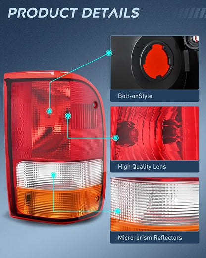 Nilight Taillight Assembly Compatible with 1993 1994 1995 1996 1997 Ford Ranger Red Clear Tail Light OE Style Rear Lamp Replacement Passenger Side