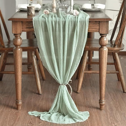 Artoid Mode Boho Sage Green Gauze 6 Pieces Wedding Table Runner, 120 Inch Seasonal Fabric Kitchen Dining Holiday Table Decor for Home Party Indoor