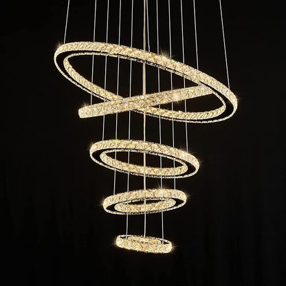 Modern Crystal Chandeliers for High Ceilings, 5 Rings Modern Led Chandelier Light Fixture 3 Colors Adjustable, Gold Chandelier for Foyer Dining Room Bedroom Living Room Staircase, D8"-12"-16"-20"-24"