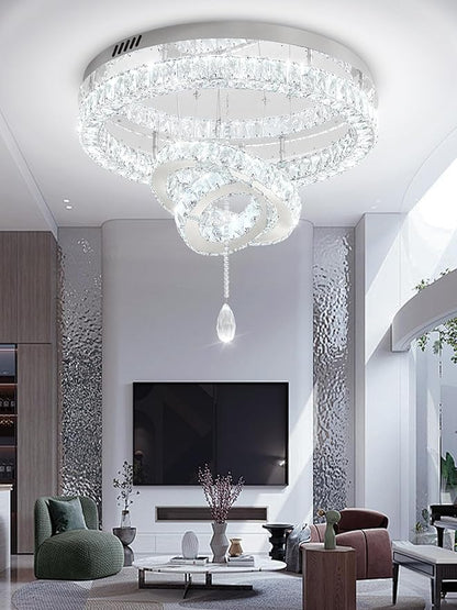Flashing God Dia 32'' Modern Chandeliers for Living Room Crystal Flush Mount Ceiling Chandelier Large Chandeliers for Dining Room Bedroom LED Dimmable 3000-6000K Chrome