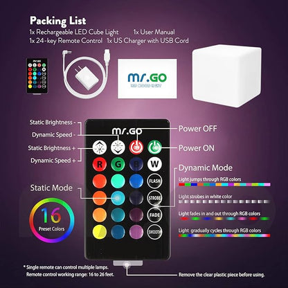 Mr.Go 14-Inch Color Changing LED Cube Light Stool, Glow Cube Seat for Kids, Modern LED Light Side Table, 16 RGB Colors Mood Lighting, Ideal for Home Garden Patio Bar Pool Party Decorative Lighting