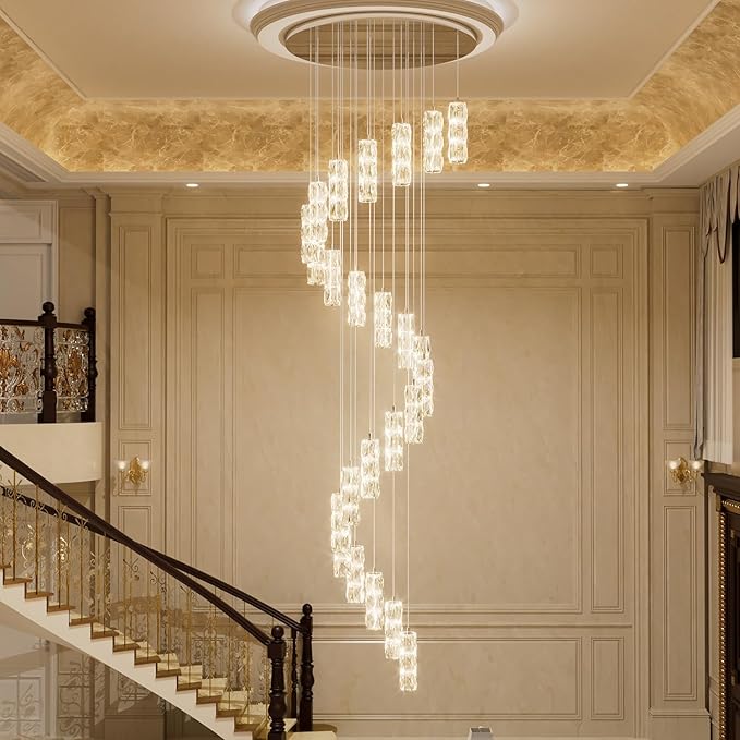 ykolupty H150in Modern Crystal Chandelier LED Dimmable Stairwell Chandelier High Ceiling Pendant Light for Stairs Entryway Living Room