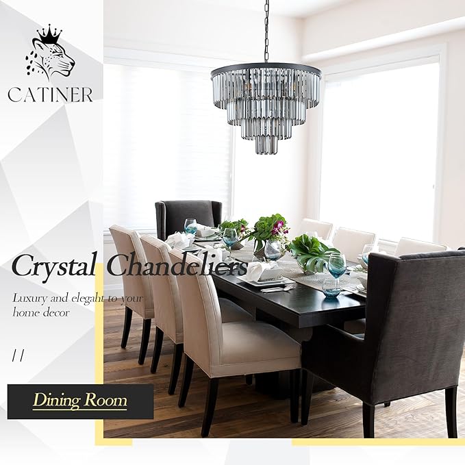 CATINER 24”Modern Black Crystal Chandeliers Ceiling Round Smoke Gray Crystal Chandelier Luxury 4-Tier 12 Lights Pendant Light Fixture Contemporary for Dining Room Foyer Staircase Living Room