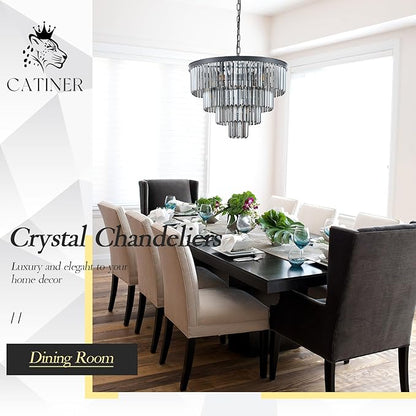 CATINER 24”Modern Black Crystal Chandeliers Ceiling Round Smoke Gray Crystal Chandelier Luxury 4-Tier 12 Lights Pendant Light Fixture Contemporary for Dining Room Foyer Staircase Living Room