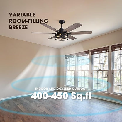 Farmhouse 60 Inch Ceiling Fan with Remote and App Control, Quiet 6-Speed Reversible DC Motor, Black Cage Design for Bedroom, Living Room, Covered Patio