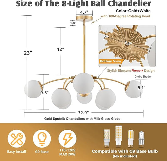 Longree 8-Light Gold and White Sputnik Chandeliers with Milk Glass Bubble Pendant Light Fixture, Blossom Accent Mid Century Sunburst Chandelier Frosted Glass Lighting for Dining Entry Living