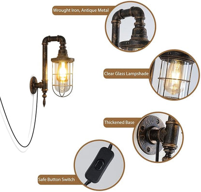 Plug in Wall Sconce Lights 14.2In Industrial Wall Lamp with UL Plug in Cord Fixtures with On Off Switch Rustic Bronze Farmhouse Mounted Lighting for Barn Loft Cafe Bar Cage Lighting with Clear Glass