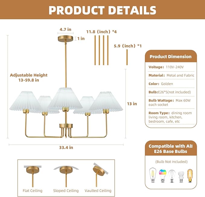 Gold Chandelier,5-Light Farmhouse Chandelier for Dining Room Modern Kitchen Light Fixture Over Table Ceiling Chandelier for Bedroom Living Room Foyer Entryway