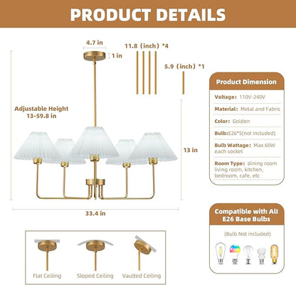 Gold Chandelier,5-Light Farmhouse Chandelier for Dining Room Modern Kitchen Light Fixture Over Table Ceiling Chandelier for Bedroom Living Room Foyer Entryway