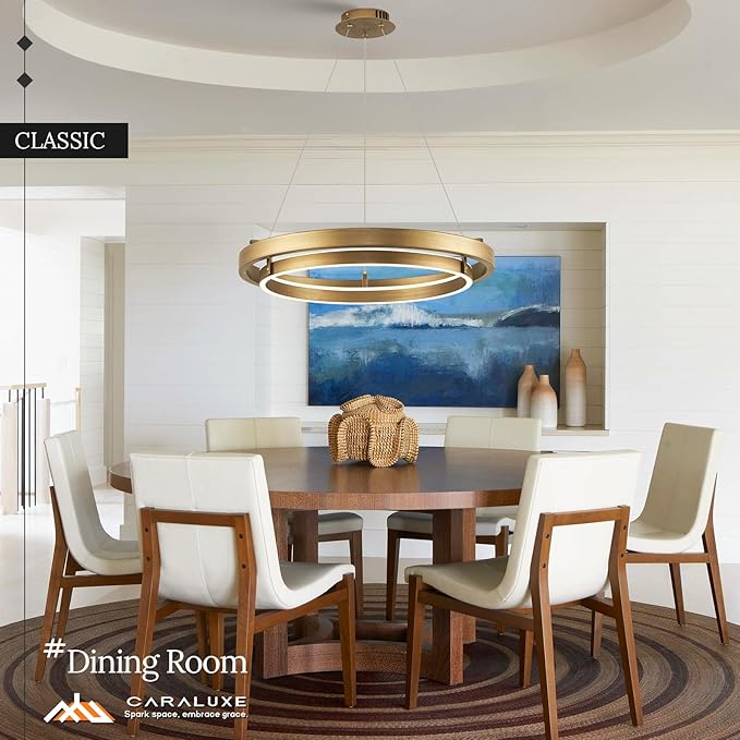 LED 2 Ring Brass Gold Chandelier Dimmable Up Down Light Chandelier Modern Round Chandeliers Light Circular Chandeliers for Foyer Dining Room Entry Bedroom Office Living Room