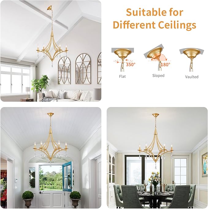 Modern Gold Crystal Chandelier, 6-Lights Farmhouse Chandeliers for Dining Room Light Fixtures Hanging Pendant Light, Modern Candle Chandelier for Bedroom Foyer Living Room Kitchen Island Entryway