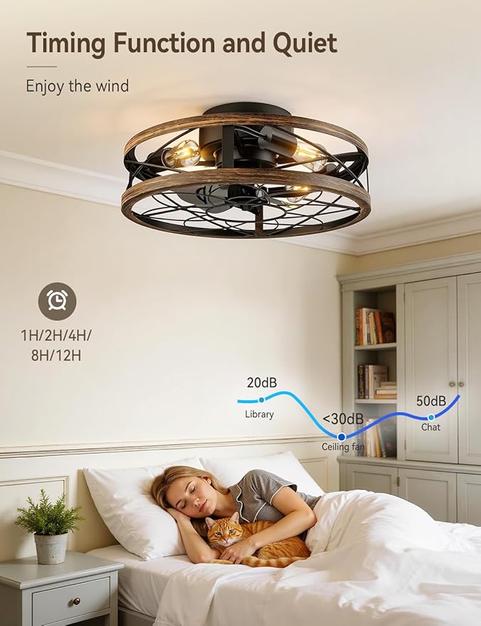 20" Caged Ceiling Fans with Lights and Remote, Flush Mount Low Profile Rustic Small Fandelier, Enclosed Indoor Ceiling Fan for Bedroom Kitchen Farmhouse, 6 Speed, Quiet DC Motor, Timer, Black Gold