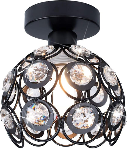 TISLYCO Modern Chandelier Crystal Ceiling Hallway Light, Mini Semi Flush Mount Ceiling Light Fixture Mini Chandelier, Antique Black Metal Crystal Chandelier Lamp Entryway Bedroom Bathroom Kitchen