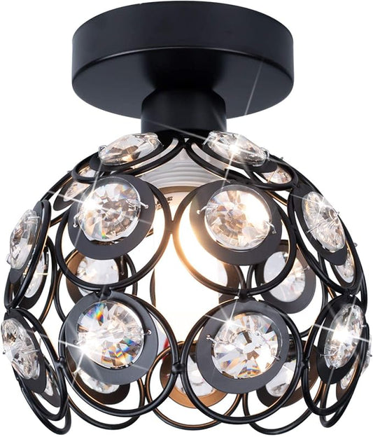 TISLYCO Modern Chandelier Crystal Ceiling Hallway Light, Mini Semi Flush Mount Ceiling Light Fixture Mini Chandelier, Antique Black Metal Crystal Chandelier Lamp Entryway Bedroom Bathroom Kitchen
