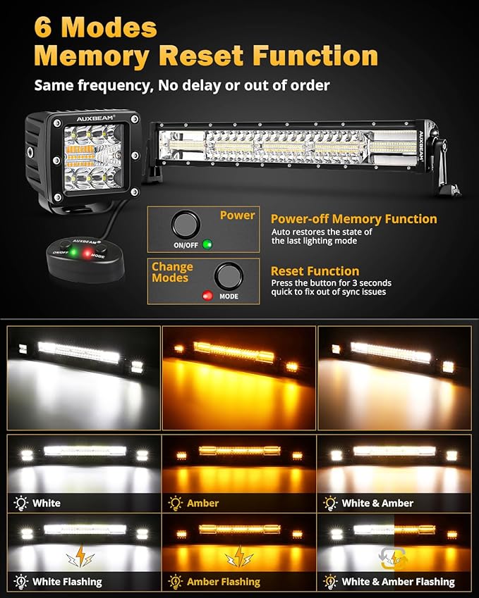 Auxbeam 6 Modes Amber White Series, 22" LED Light Bar with 3" LED Pods Combo Set, Dual Color Flashing Strobe Offroad Lights, Spot Flood Combo Cube Off Road Fog Lights, 3 Packs