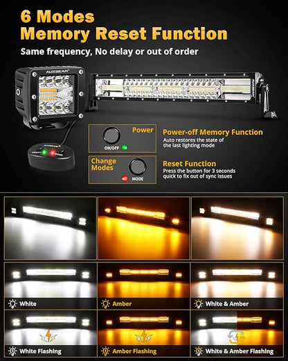 Auxbeam 6 Modes Amber White Series, 22" LED Light Bar with 3" LED Pods Combo Set, Dual Color Flashing Strobe Offroad Lights, Spot Flood Combo Cube Off Road Fog Lights, 3 Packs