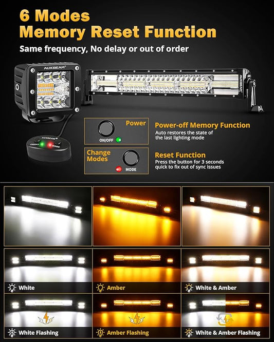 Auxbeam 6 Modes Amber White Series, 22" LED Light Bar with 3" LED Pods Combo Set, Dual Color Flashing Strobe Offroad Lights, Spot Flood Combo Cube Off Road Fog Lights, 3 Packs