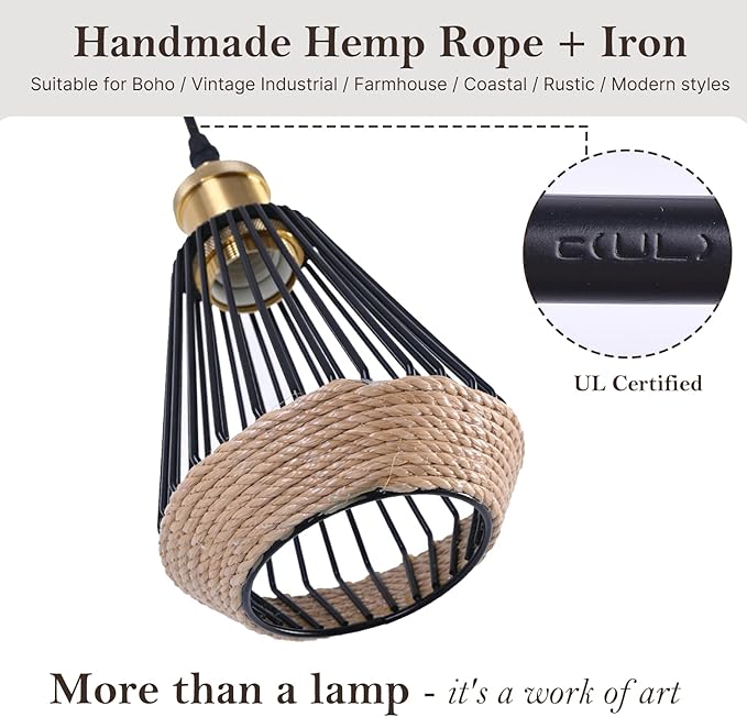 ropelux Pendant Lights Kitchen Island, Modern Kitchen Island Lighting, Adjustable Height Farmhouse Black Gold Brass Hanging Light Fixture for Living Room Sink Dinning Room Bedroom- 1PC