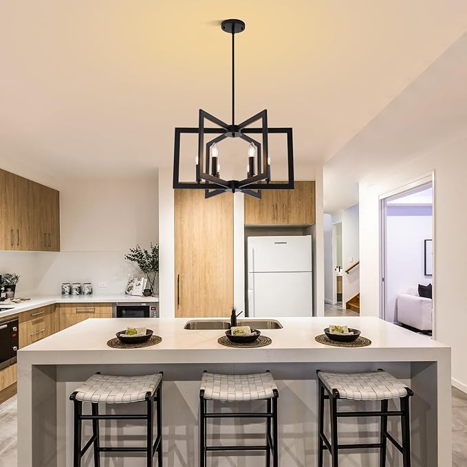 21.6" Black Chandelier for Dining Room, 6-Light Geometric Farmhouse Dining Room Fixture, Modern Foyer Lighting Fixtures, Industrial Hanging Pendant Lights for Kitchen Island, Living Room, Entryway