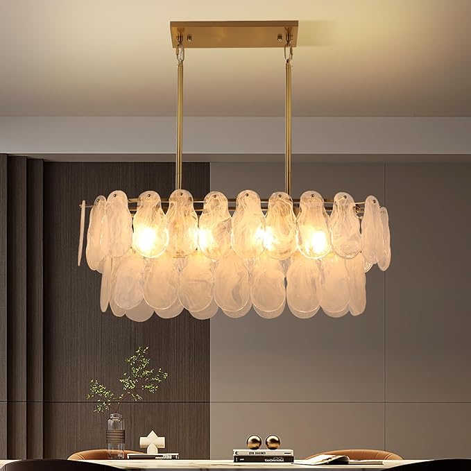 Gold Crystal Chandelier Rectangular Pendant Lighting 8-Light Crystal Chandeliers for Kitchen Island Cloud Glass 2-Tier Light Fixture for Dining Room, Living Room, Kitchen