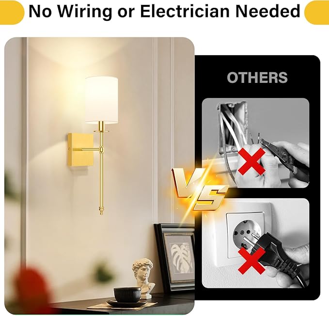 19.9 Inch Wall Sconces Battery Operated Set of 2, Gold Rechargeable Wireless Wall Sconces Lights with Remote, Not Hardwired Dimmable Wall Lamps with White Fabric Shade for Bedroom, 2 Bulbs Included