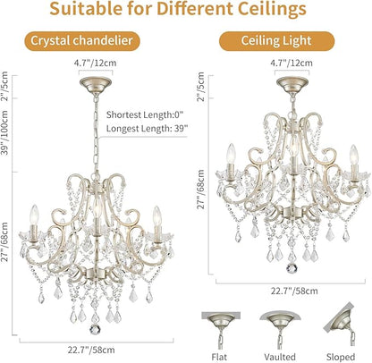 Crystal Chandelier, 5-Light Modern Chandelier for Dining Room Light Fixture, Nickel Finish Pendant Ceiling Light Fixture, Modern Candle Chandelier for Living Room Kitchen Island Entryway Bedroom