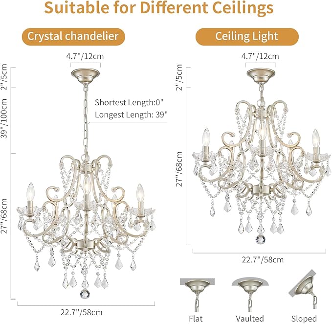 Crystal Chandelier, Nickel Crystal Lighting,5-Light Modern Chandelier for Living Room Kitchen Island Entryway Bedroom